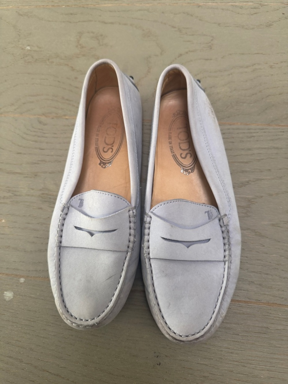 Tod's Light Gray Suede Penny Loafers